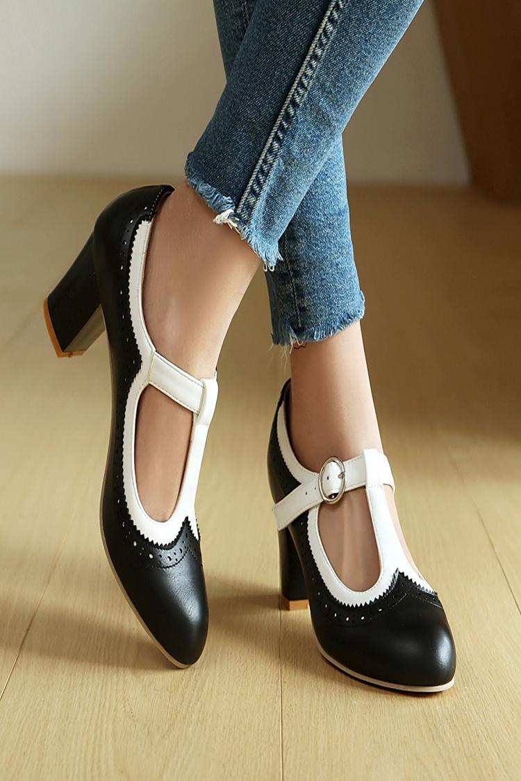 Colorblock T-Strap Buckle Round Toe Elegant Chunky Heels