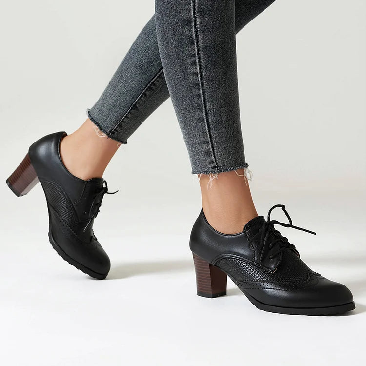 Metallic Sheen Patchwork Round Toe Lace Up Chunky Heels