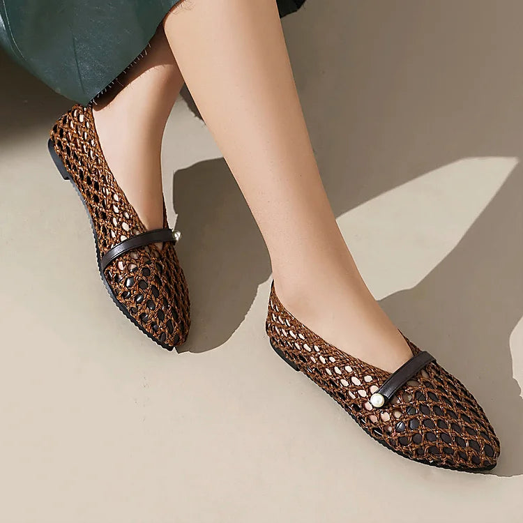 Patchwork Hollow Out Fishnet Instep Strap Pointed Toe Flats