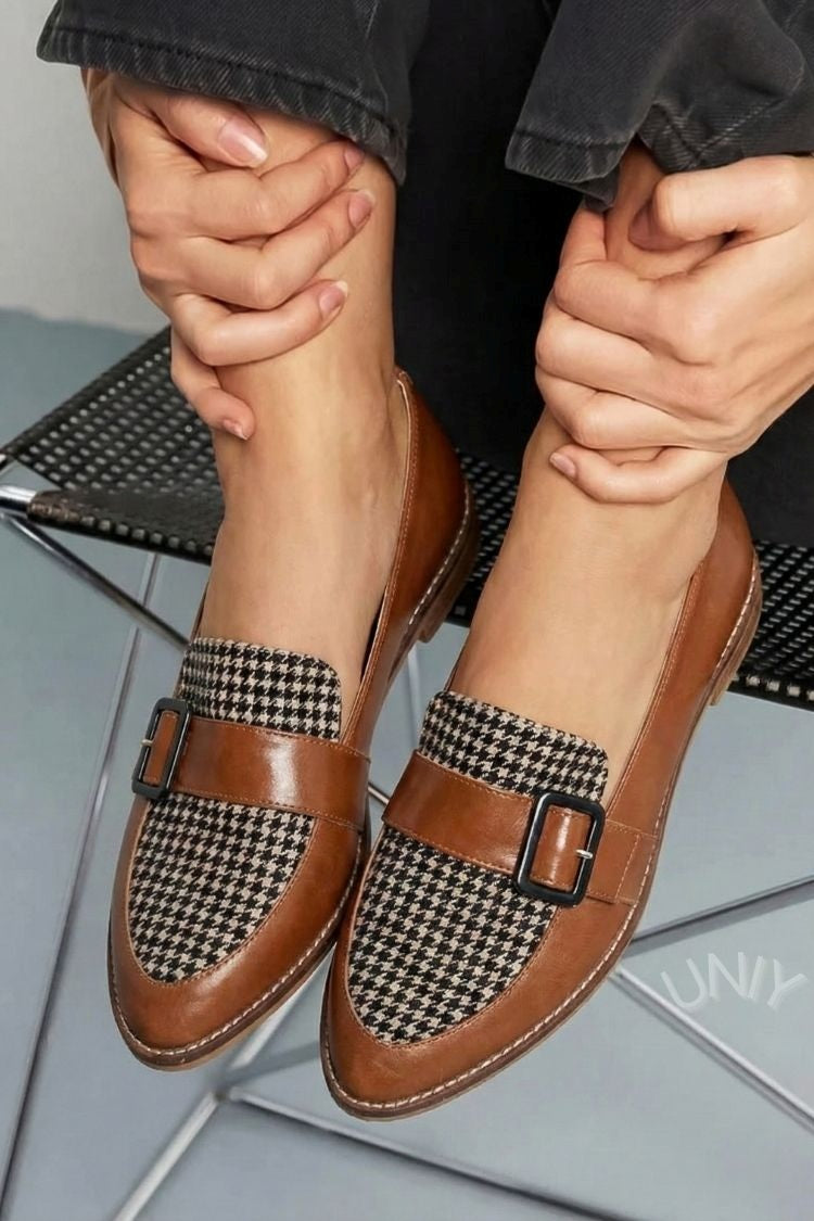 Vintage brune hundetandsmønster panel spænde rem loafers [Forudbestil]