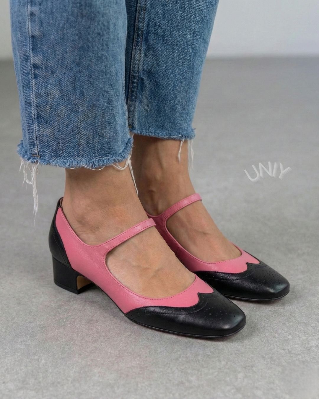 Elegant Black Pink Color Block Square Toe Strap Mid Heels [Pre Order]