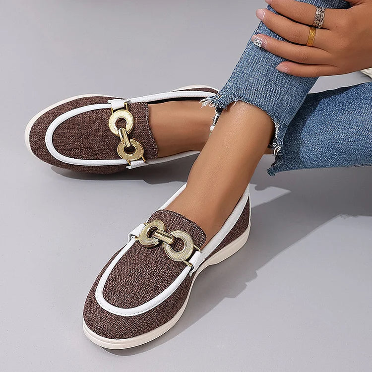 Contrast Binding Buckle Decor Round Toe Casual Loafers