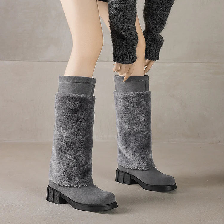 Fluffy Trim Patchwork Round Toe Chunky Heel Pull On Long Boots