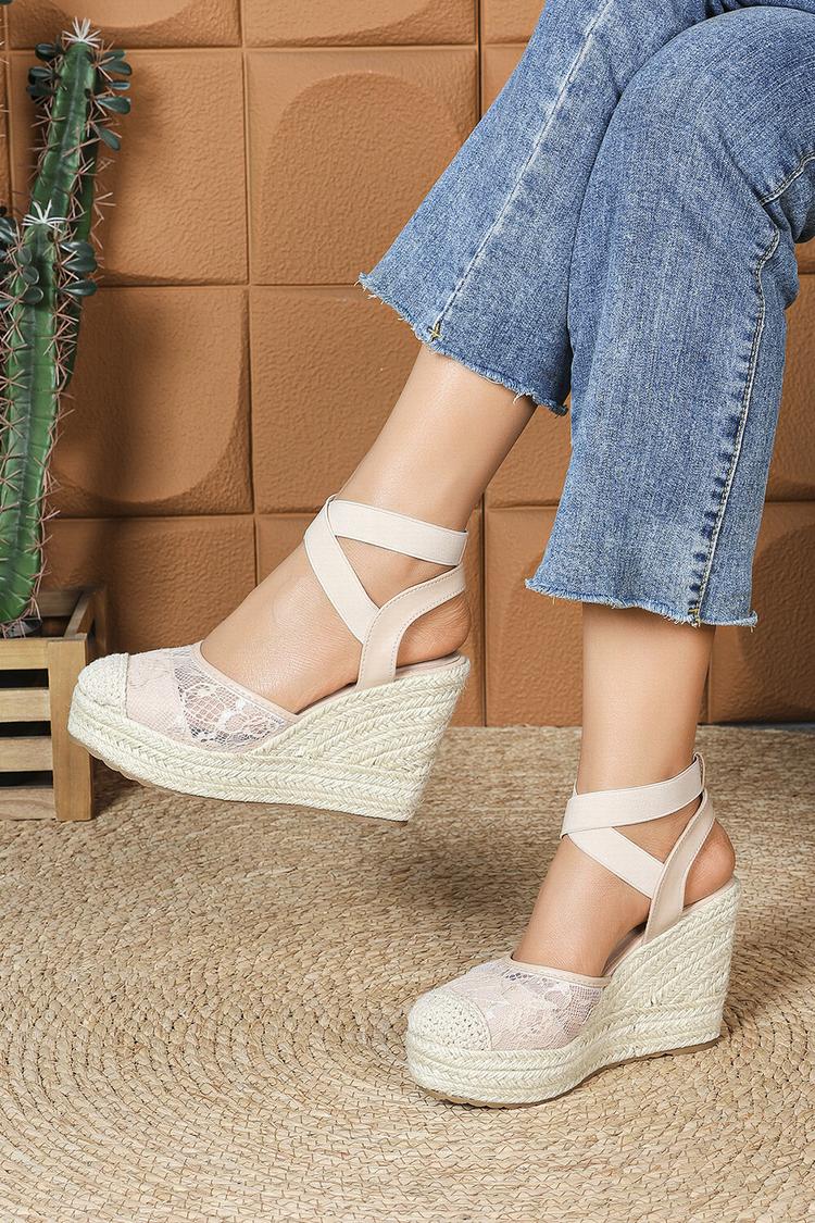 Sandali casual con zeppa, punta rotonda, cinturino incrociato e patchwork in pizzo 