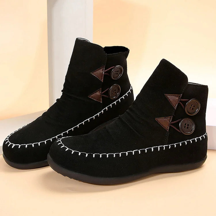 Stitch Detail Round Toe Buttons Casual Flat Ankle Boots