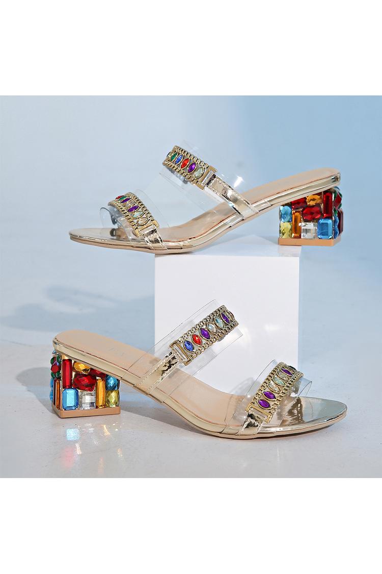 Multicolor Rhinestone Chain Decor Round Toe Casual Chunky Heels