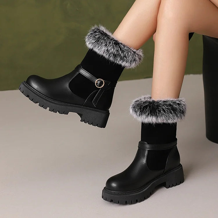 Patchwork Strap Buckle Decor Faux Fur Trim Round Toe Chunky Heel Ankle Boots