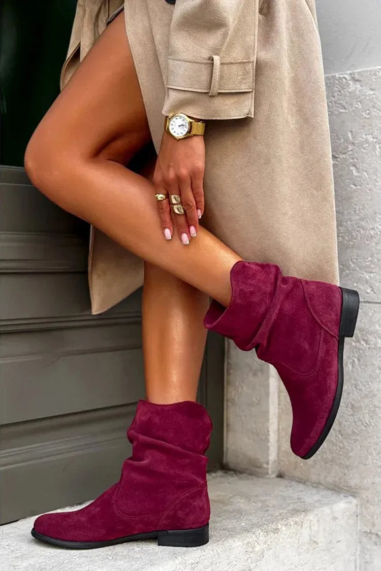 Solid Color Patchwork Round Toe V Cut Slouch Ankle Boots