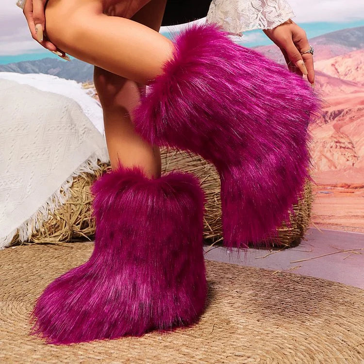 Multicolor Faux Fur Round Toe Low Platform Pull On Snow Boots