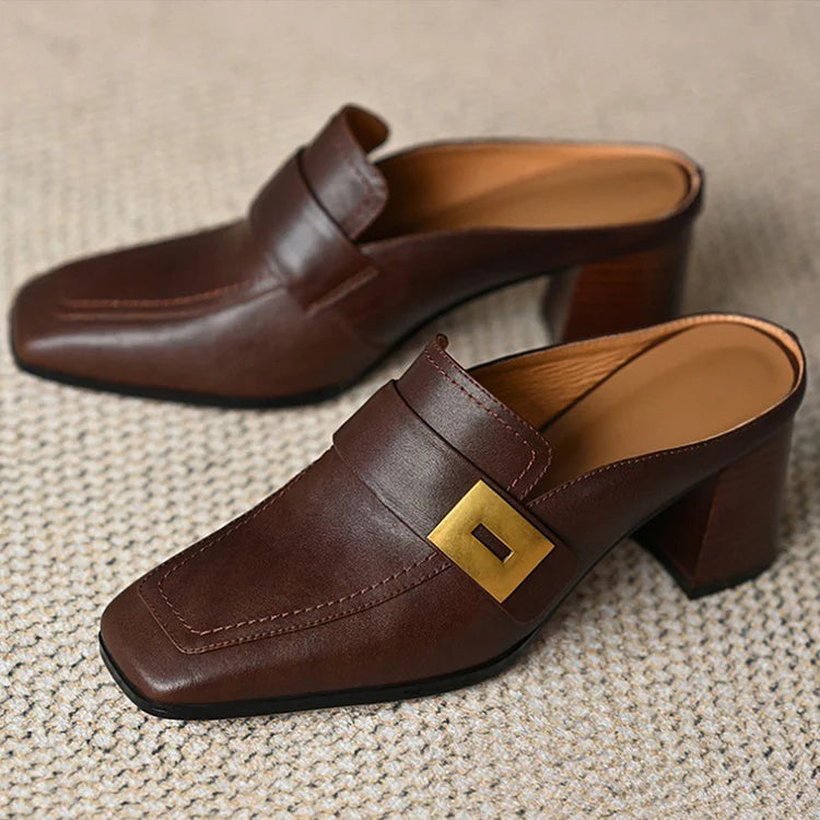 Patchwork Metal Buckle Decor Square Toe Slip On Mules Heels