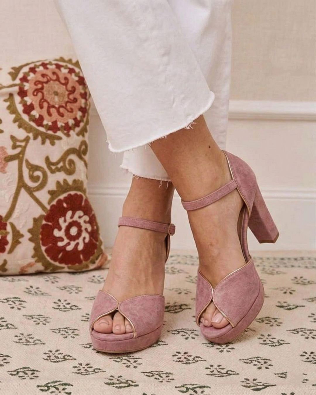 Dusty Rose Suede Gold Trimmed Peep Toe Platform Sandals [Pre Order]