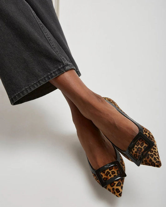 Leopardmuster Spitz zulaufende Zehen Kunstwildleder Schwarze Quadratische Schnallen Ballerinas [Vorbestellung]