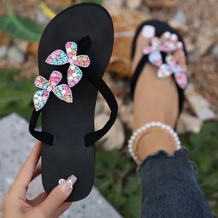 Zapatillas de playa con cuña y plataforma con chanclas de mariposa con diamantes de imitación de colores 