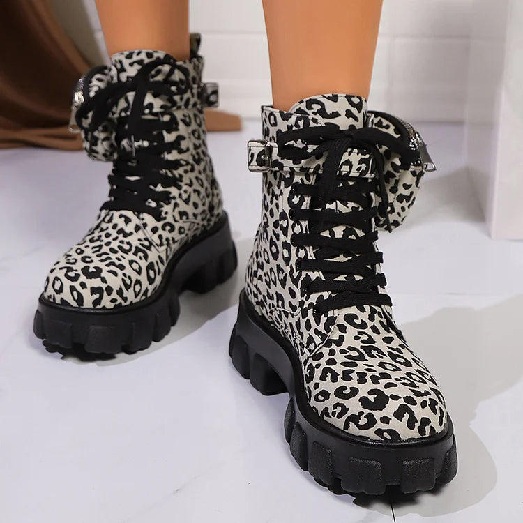 Leopard Print Pocket Decor Round Toe Lace Up Ankle Boots