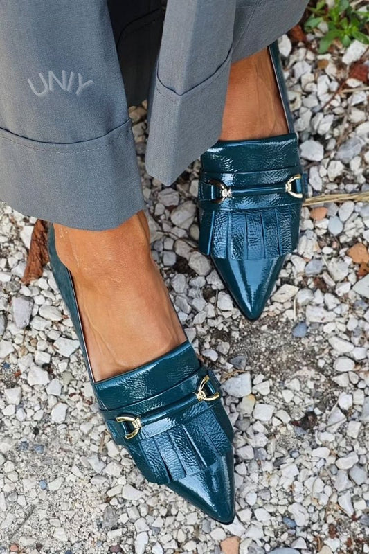 Dark Green Patent Leather Pointed Toe Horsebit Kiltie Loafers [Pre Order]
