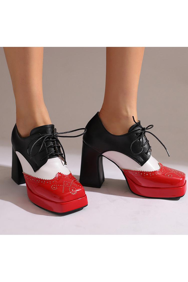 Scarpe con tacco grosso e plateau con lacci e punta quadrata in patchwork colorblock 