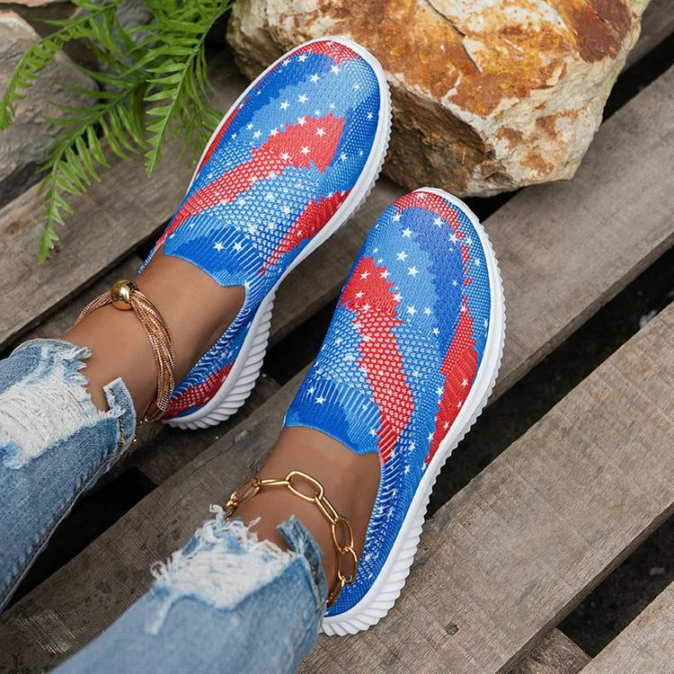 Striped Star Pattern Print Slip On Casual Lightweight Sneakers