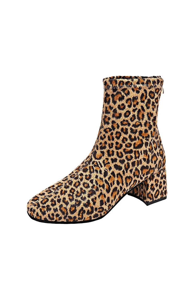 Leopardenmuster Reißverschluss Rundzehen Chunky Heel Mittelhohe Stiefel