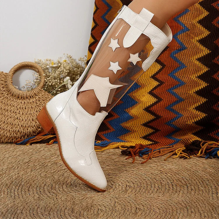 Patchwork Crocodile Print Pointed Toe Low Block Heel Mid Calf Boots