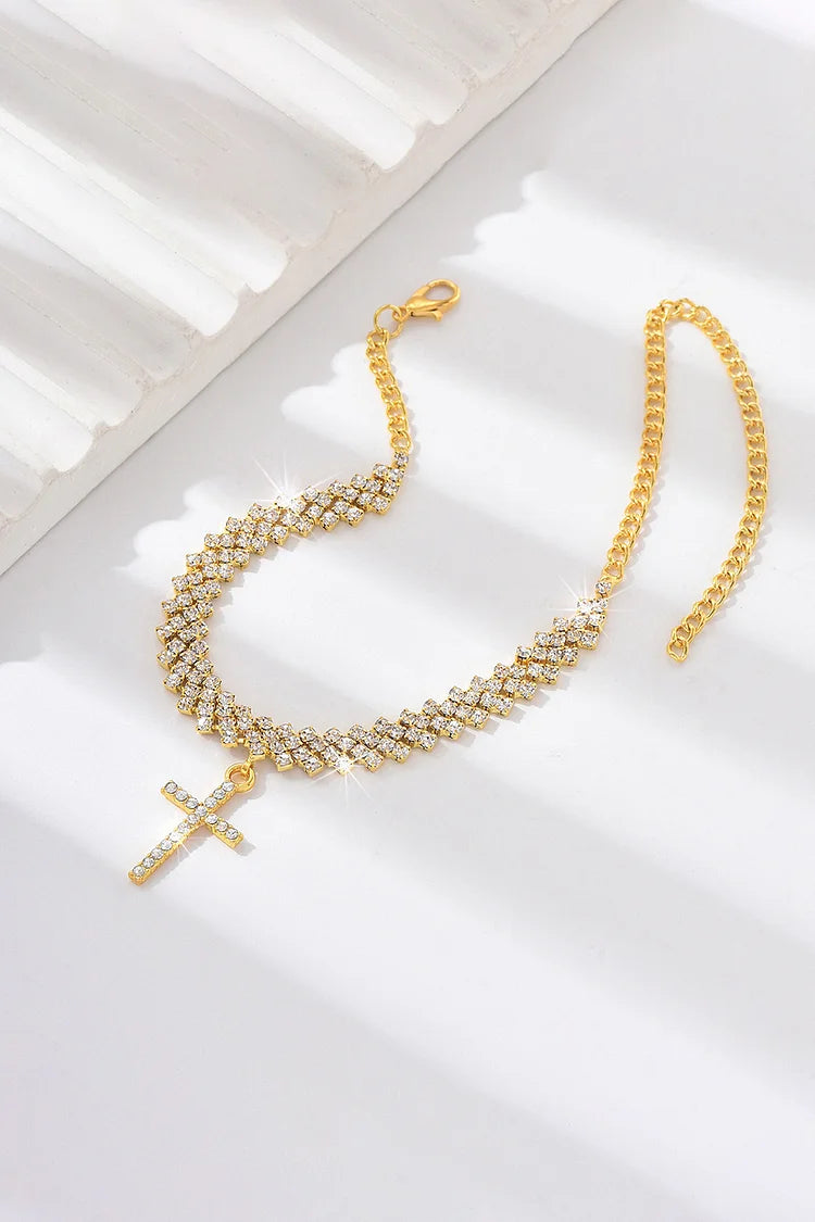 Cavigliera alla moda in lega con ciondolo a croce con decorazione in strass 