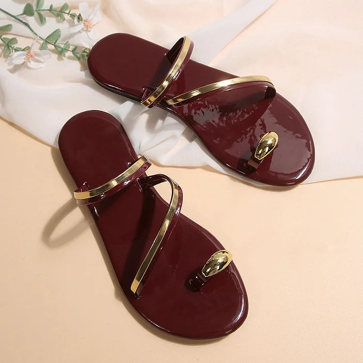 Metallic Sheen Patchwork Colorblock Toe Ring Casual Slippers