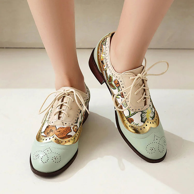 Floral Print Colorblock Patchwork Rundspitze Schnür-Brogue Oxfords