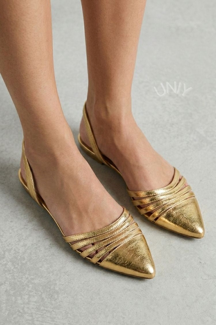 Metallic Gold Pointed Toe Multi Strap Slingback Flats [Pre Order]