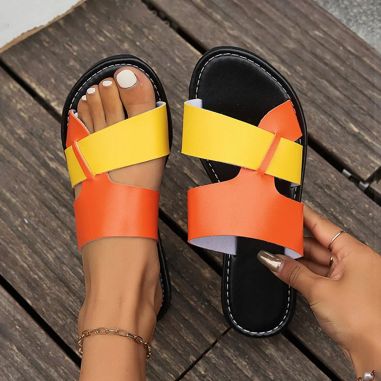 Colorblock Patchwork Cutout Open Toe Casual Beach Slippers
