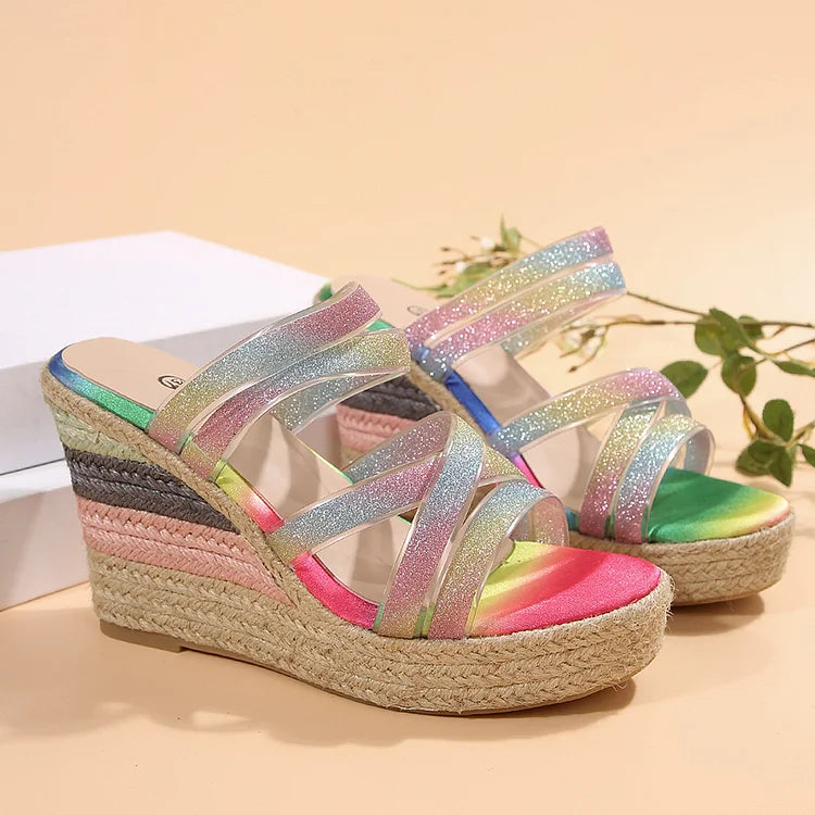 Sandali con zeppa a punta aperta con cinturini incrociati multicolor scintillanti 