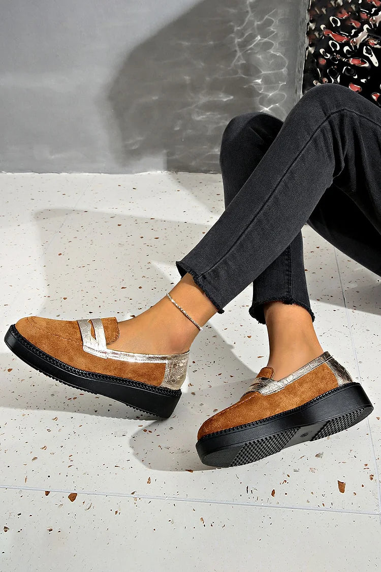 Metallic Sheen Patchwork Round Toe Casual Slip On Loafers