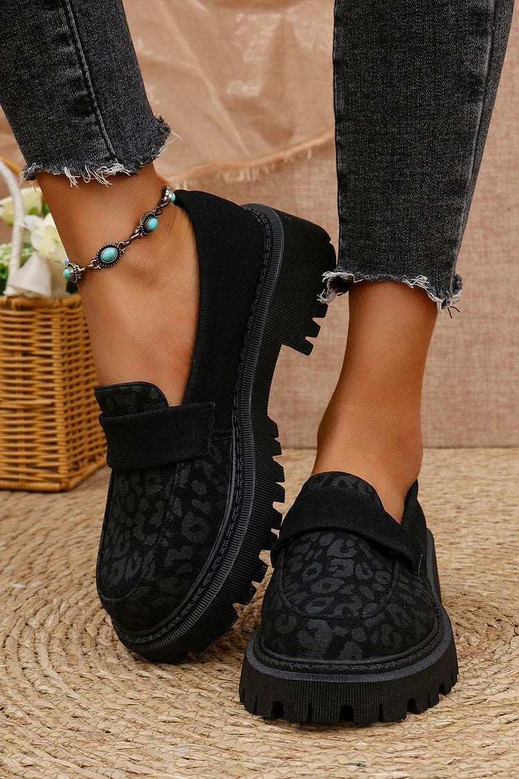 Patchwork Round Toe Leopard Print Low Block Heel Loafers