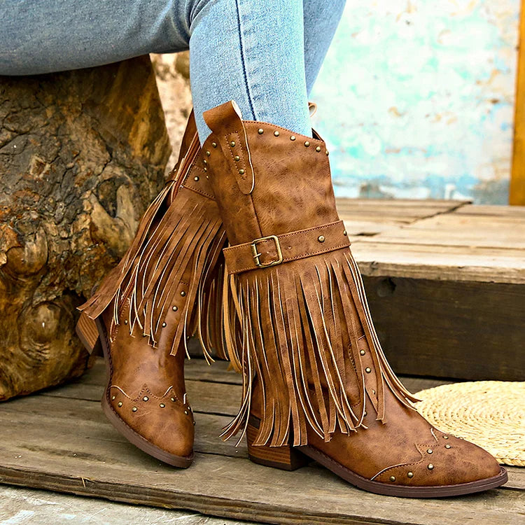 Metal Rivets Fringed Trim Pointed Toe Chunky Heel Mid Calf Boots