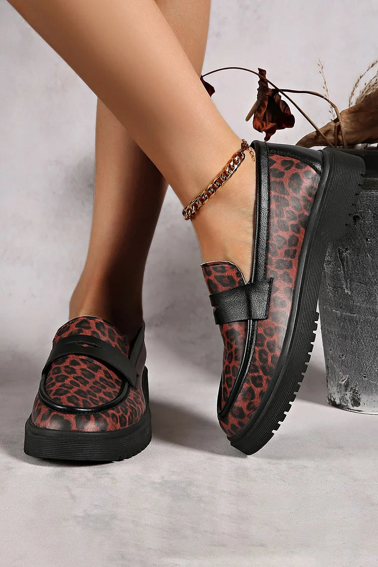 Colorblock Leopard Print Patchwork Round Toe Casual Loafers