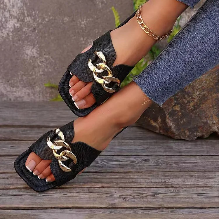 Metal Chain Decor Snake Print Cutout Square Toe Slippers