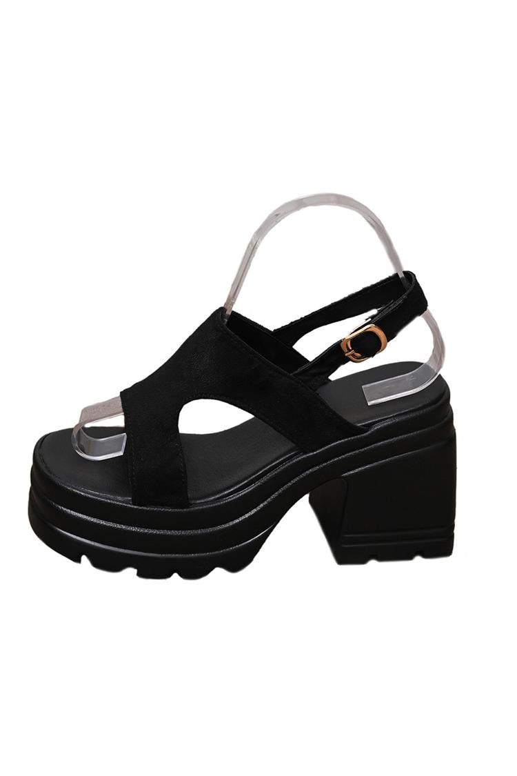 Scarpe con tacco grosso, punta aperta, cinturino posteriore con fibbia e ritaglio in tinta unita