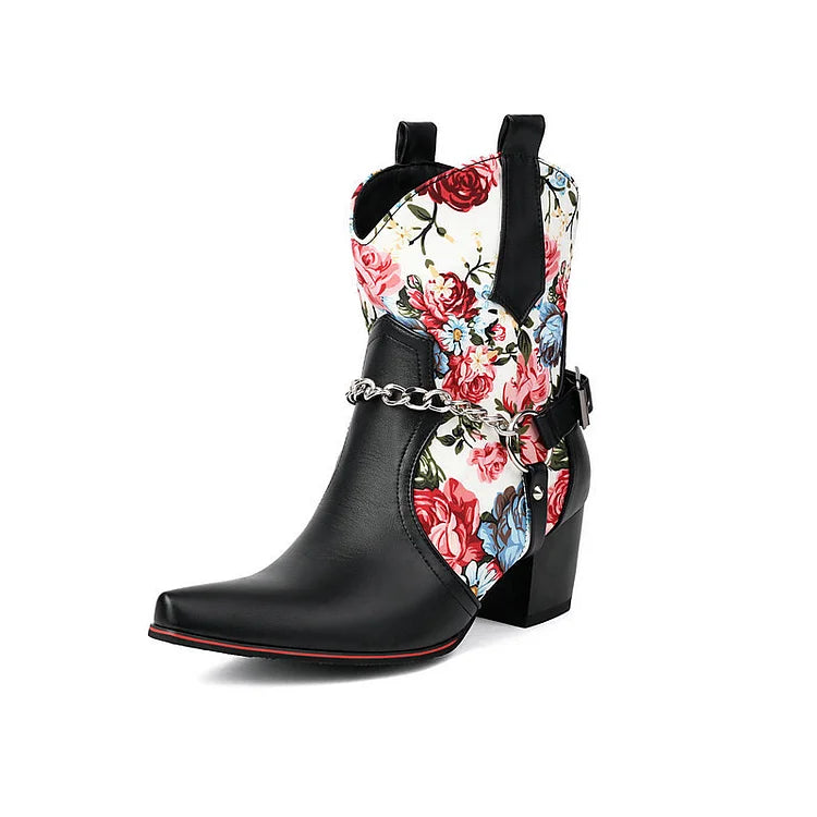 Stiefeletten mit Blumendruck, Patchwork-Kettendekor, spitzer Zehenpartie und klobigem Absatz