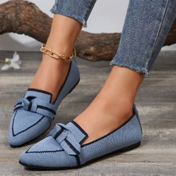 Casual Contrast Color Pointy Toe Bowknot Low-Top Knit Flats