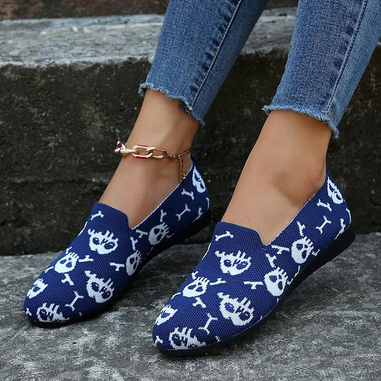 Halloween Skull Pattern Print Round Toe Slip On Loafers