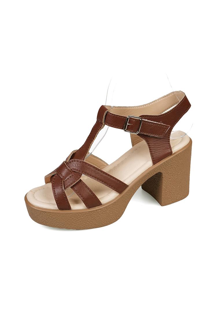 Sandali con tacco, punta tonda e fibbia, tinta unita, cinturino a T