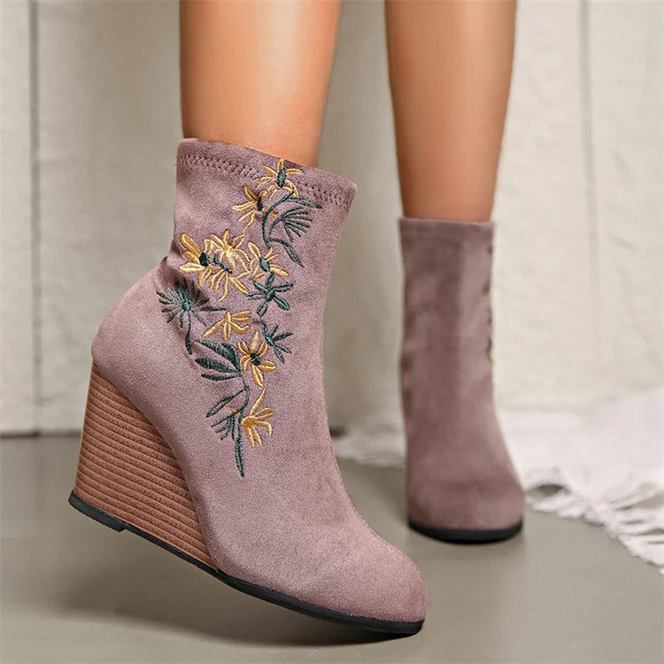 Floral Embroidery Round Toe Wedge Heel Pull On Ankle Boots