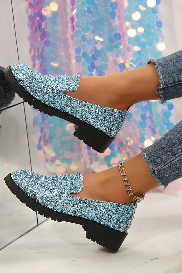 Brokatowe mokasyny typu slip-on z okrągłym noskiem, niskim blokowym obcasem i wzorem patchworkowym