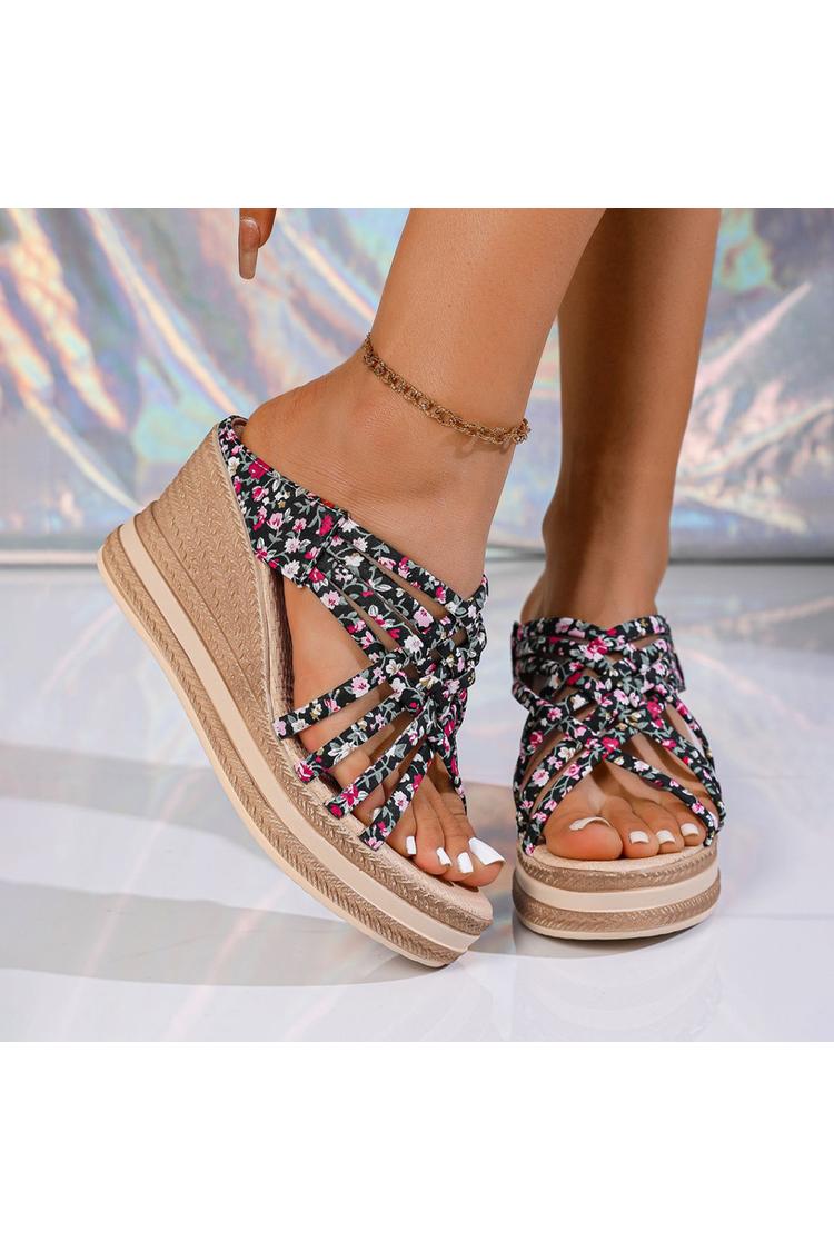Sandalias de cuña con punta redonda, tiras tejidas y estampado floral