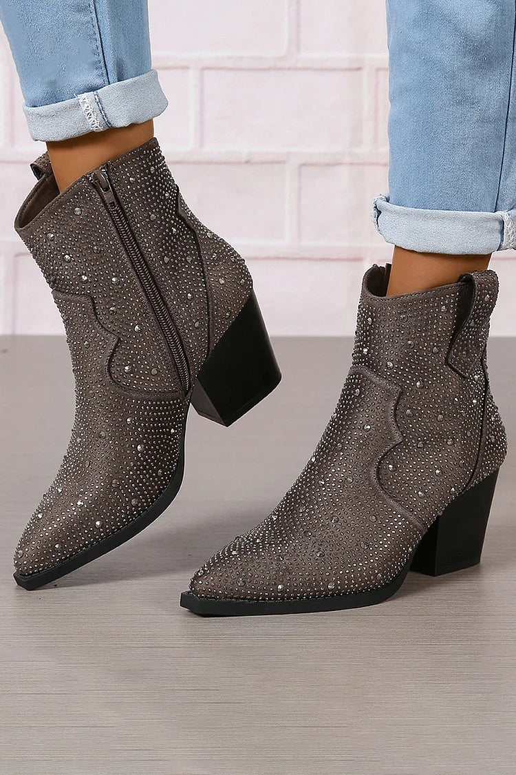 Rhinestone Decor Patchwork Zipper Pointed Toe Ankle Boots