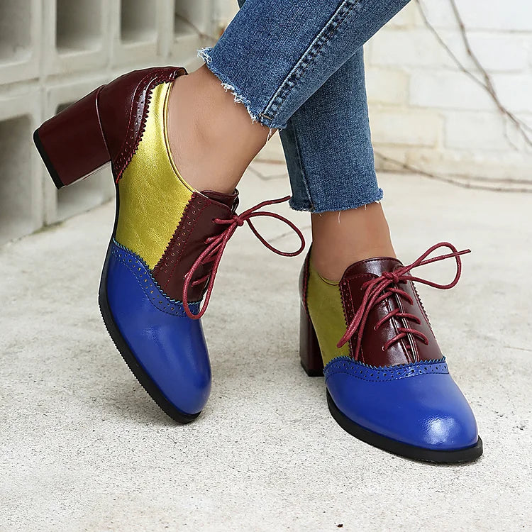 Lace Up Colorblock Round Toe Chunky Heel Brogue Oxfords