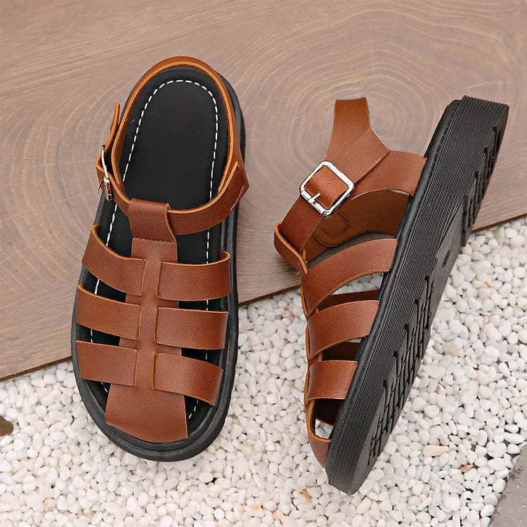 Woven Solid Color Hollow Out T-Strap Buckle Round Toe Sandals