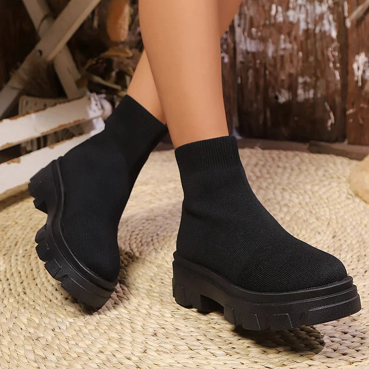 Round Toe Chunky Heel Pull On Casual Mid Boots