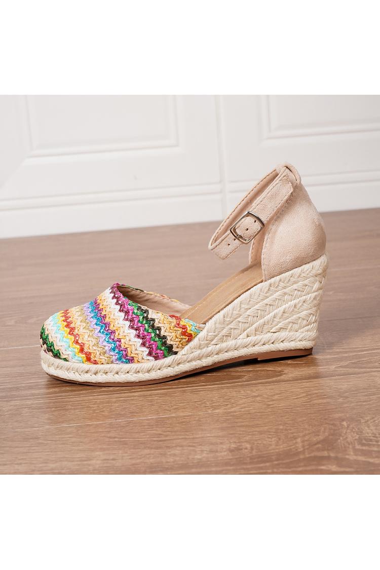 Sandali casual con zeppa, punta tonda multicolore, cinturino alla caviglia e fibbia 