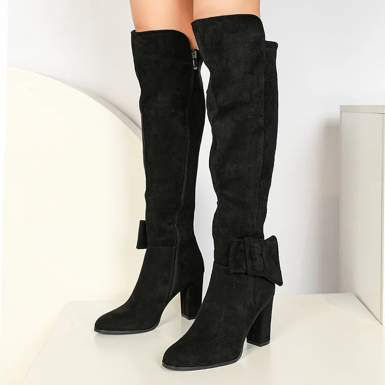 Irregular Edge Buckle Solid Color Pointed Toe Chunky Heel Knee High Boots