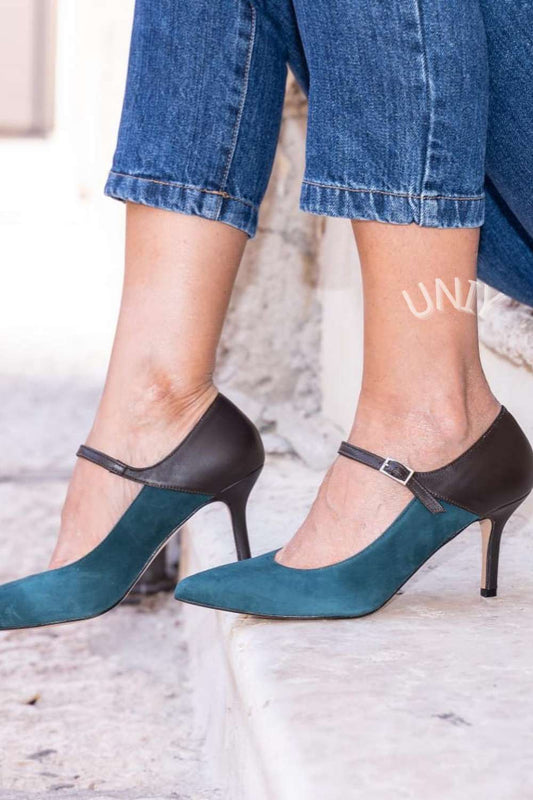 Scarpe con tacco a spillo e cinturino alla caviglia color verde acqua e nero [Pre-ordine]