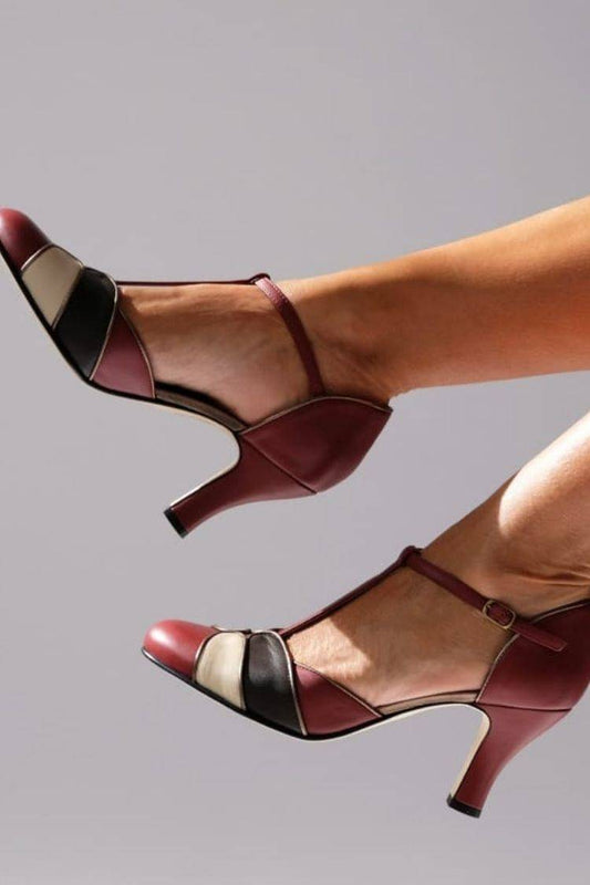 Colorblock Retro T-Strap Closed-Toe Mid Heels Pumps [Pre Order]